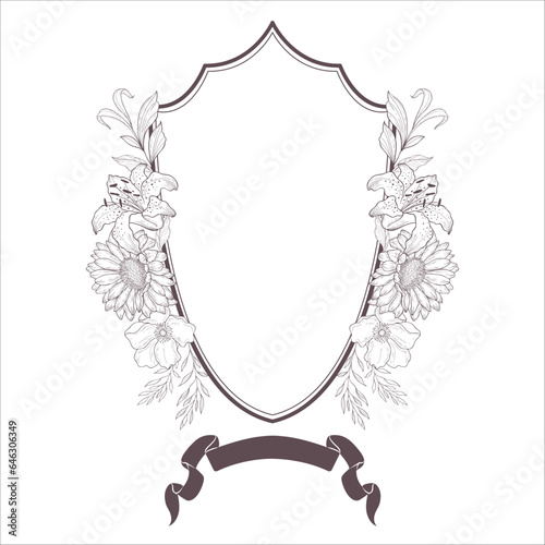 Wedding Crest with Flowers and Leaves. Line Art Illustration.