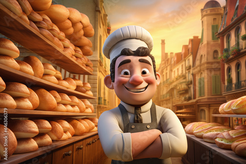 Portrait d'un boulanger dans sa boulangerie style cartoon caricature » IA générative photo