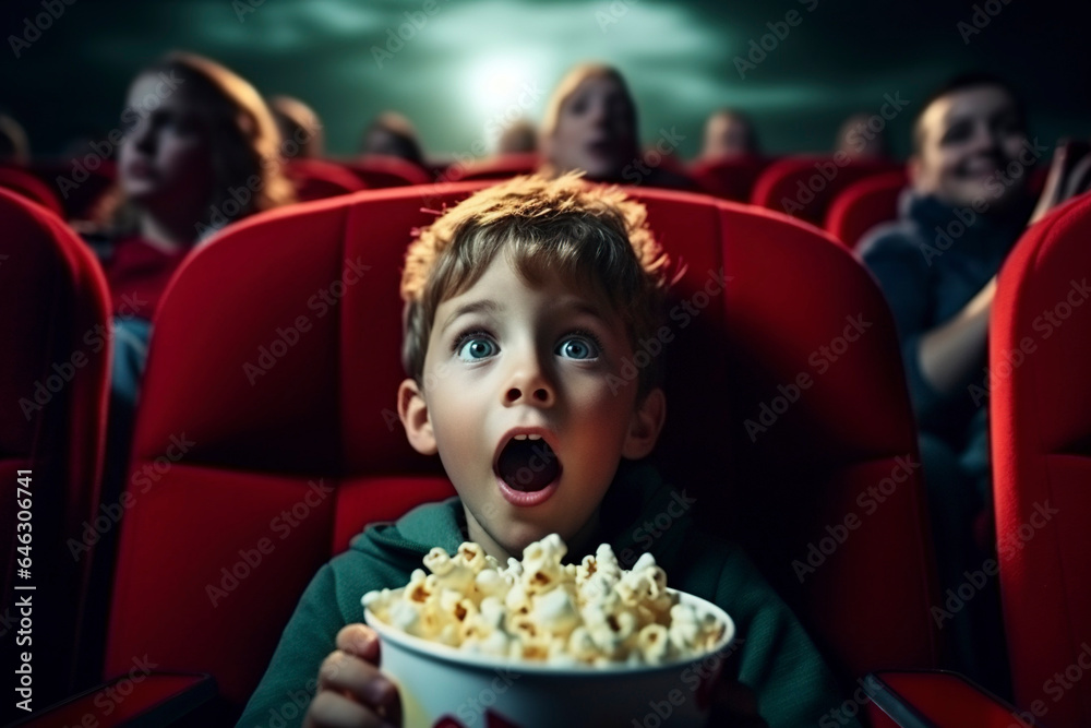 Little boy with astonished and surprised look is watching a movie in a cinema