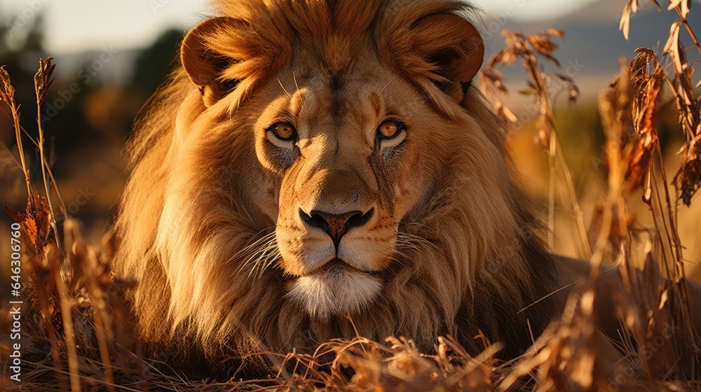 Male lion on savanna grass. with a background of trees in the hills Male lion on savanna grass. with a background of trees in the hills