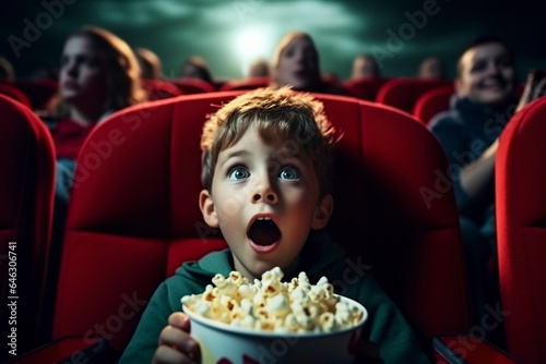 Little boy with astonished and surprised look is watching a movie in a cinema