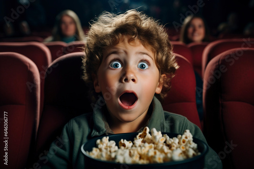 Little boy with astonished and surprised look is watching a movie in a cinema