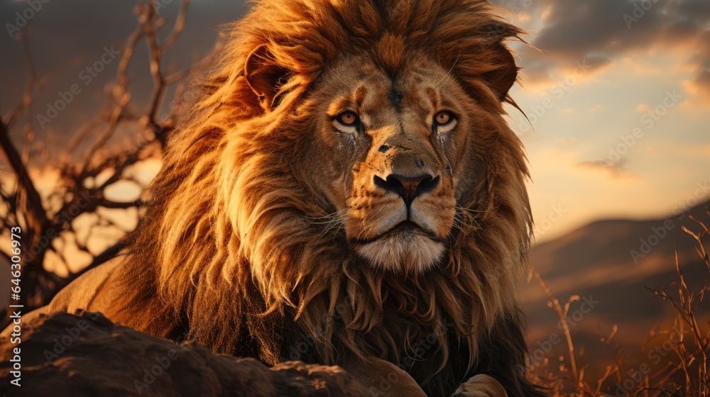 Male lion on the hill. against a sunset background