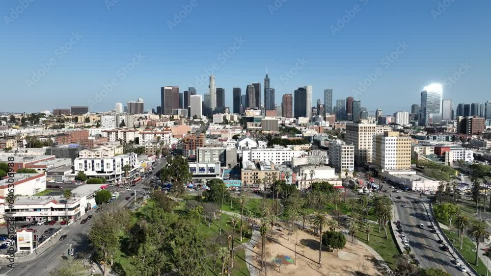 Los Angeles Downtown and Palm Trees from MacArthur Park Aerial Shot Forward Down in California USA Los Angeles Downtown and Palm Trees from MacArthur Park Aerial Shot Forward Down in California USA