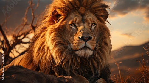Male lion on the hill. against a sunset background
