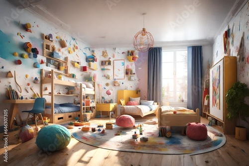 3D scene of a kids' room designed as an artistic playground. Highlight colorful art supplies, a wall for drawing, and a vibrant, inspiring atmosphere that encourages artistic expression