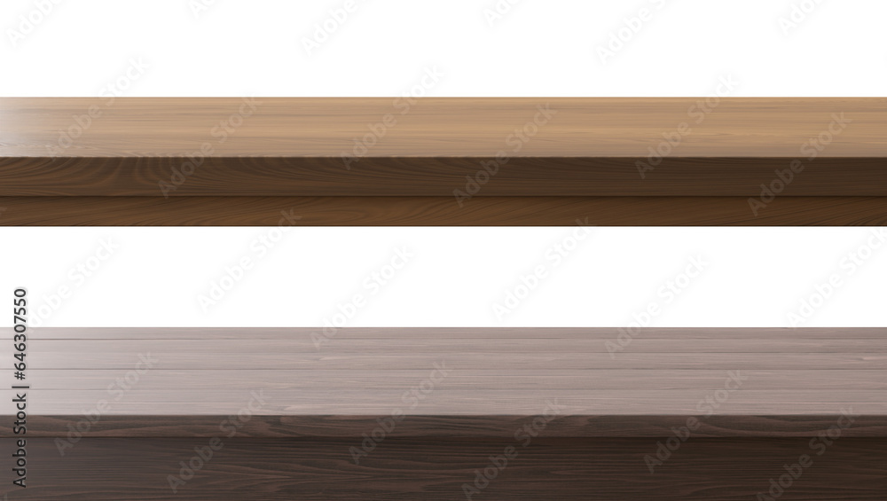 Two wooden table, desk surfaces isolated on transparent background. Front view. Tabletop, set. Cut out elements. Copy space for your object, product presentation. Display, promotion, advertising. 3D.