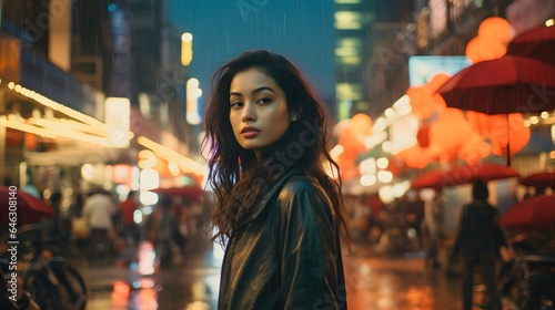 A Thai woman standing gracefully in the rain on a bustling city street