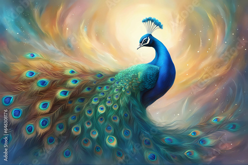 Fantasy art of a blue peacock with feathers photo