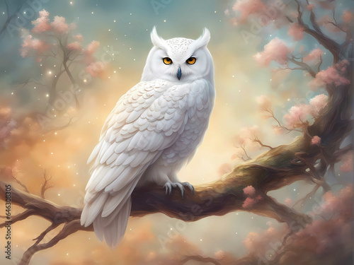 Fantasy art of a great horned white owl on a tree branch.