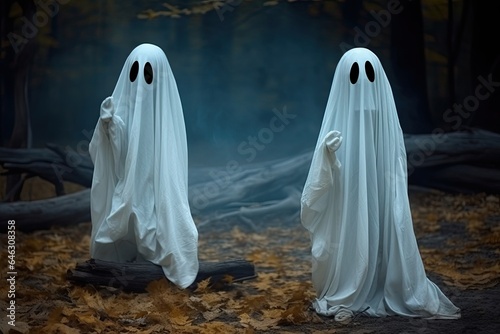 Kids in ghost costumes celebrating halloween. Generative AI