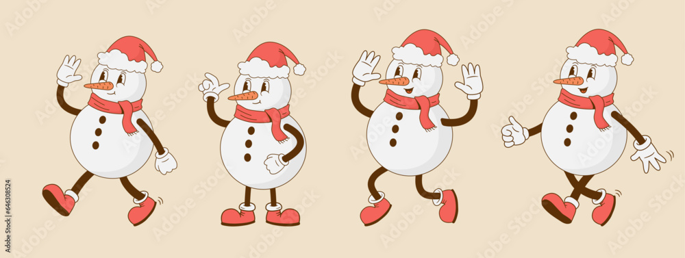 Set of retro cartoon funny snowman characters. Vintage Christmas mascot vector illustration. Nostalgia 60s, 70s, 80s. Happy New Year