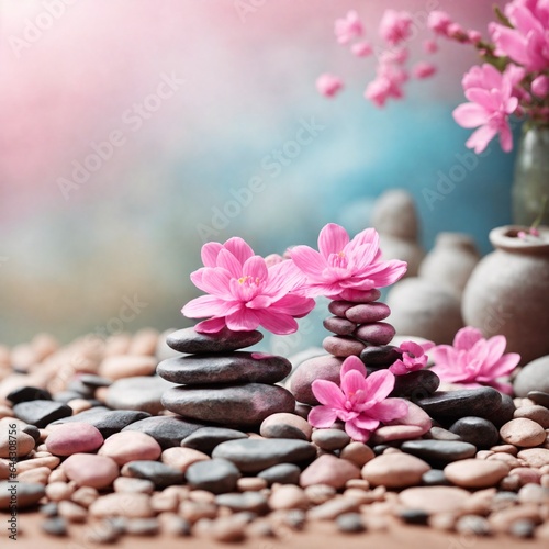 Panoramic still life for harmony in spa  massage or yoga. Stack of spa mineral pebbles with pink flowers on defocused wellness background.  