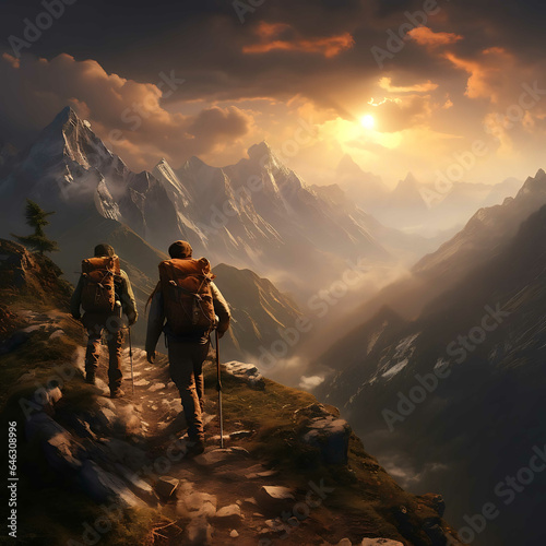 Ascent of Friendship: Hikers Embrace Majestic Scenery on the Trail © abiyyu
