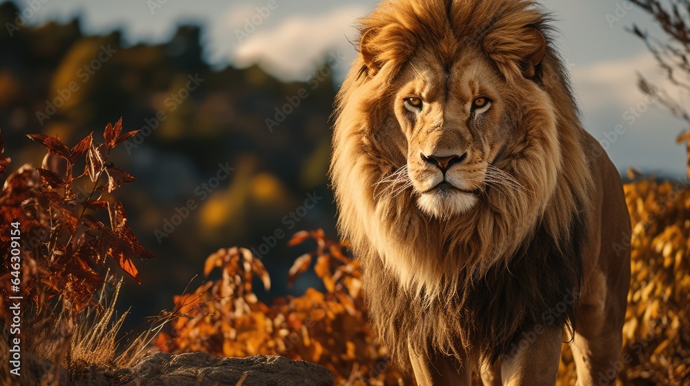 The male lion looks dashing standing on a hill, looking close