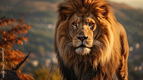 The male lion looks dashing standing on a hill, looking close © MBRAMO