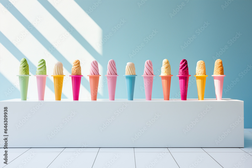 Set of tasty ice-creams in cups isolated on minimalist copy space background, colorful ice cream cones in a row, Various ice cream flavors in cones, Generative AI