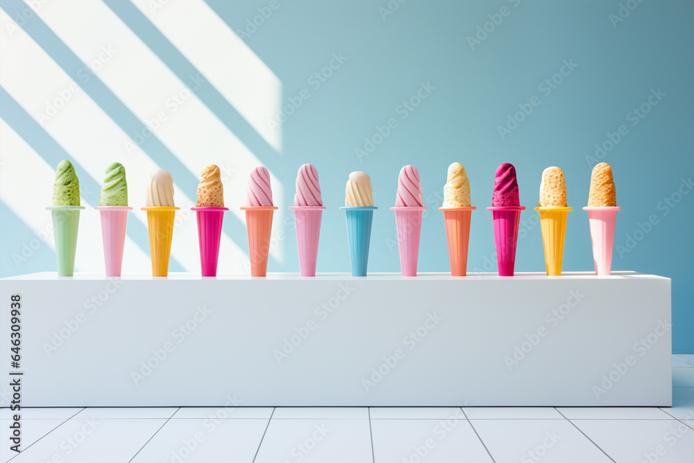 Set of tasty ice-creams in cups isolated on minimalist copy space background, colorful ice cream cones in a row, Various ice cream flavors in cones, Generative AI Set of tasty ice-creams in cups isolated on minimalist copy space background, colorful ice cream cones in a row, Various ice cream flavors in cones, Generative AI