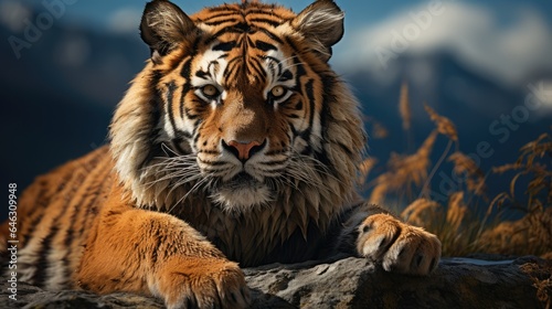 Tiger pose while sitting on rocks on top of a mountain