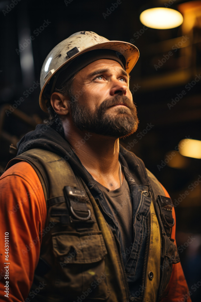 An industrial worker, a man with a beard in white helmet, looking up at his workplace in havy industry shop An industrial worker, a man with a beard in white helmet, looking up at his workplace in havy industry shop