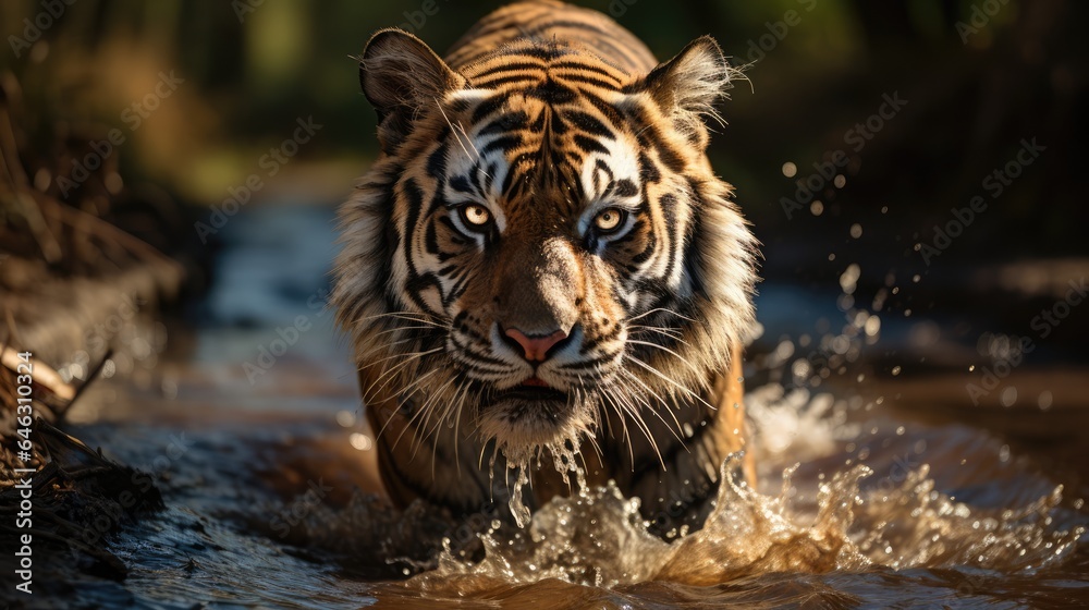 Tiger walking on the road through the edge of a beautiful stream