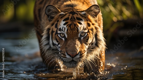 Tiger walking on the road through the edge of a beautiful stream