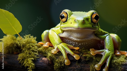 Tree Frog, on a green leaf with a background of trees around it