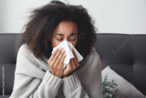 Portrait of African American woman blowing her nose, she has a sneeze and she is at home.
