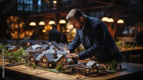 Man looking at model of house on table in the night city.