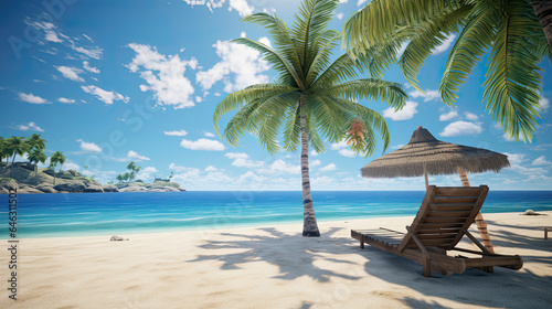 Pair of sun loungers and beach umbrella on deserted beach perfect vacation concept