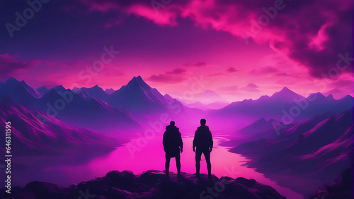Two men standing at the edge and looking at the purple colored sunrise in the mountains