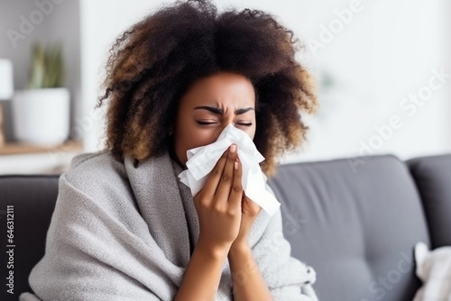  Portrait of African American woman blowing her nose, she has a sneeze and she is at home.