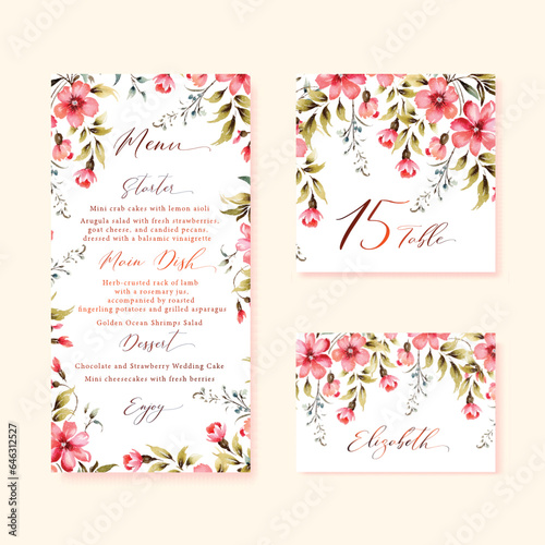 Watercolor floral wedding menu, table and escort cards with vintage flowers and gold calligraphy, vector template.
