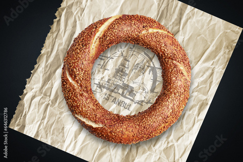 Fresh Turkish bagel on a black background