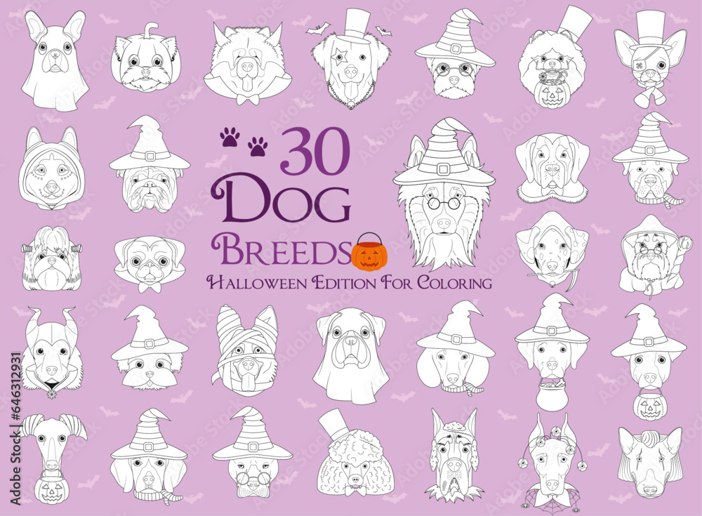 Set of 30 dog breeds with Halloween costumes for coloring Set of 30 dog breeds with Halloween costumes for coloring