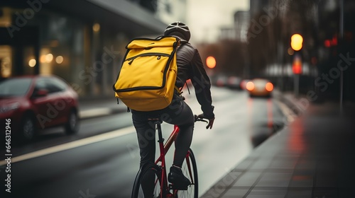 A courier rides a bicycle around the city, grocery delivery, online order fulfillment.