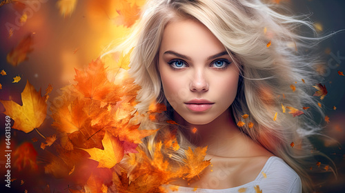 woman autumn not close-up portrait  beautiful eyes  leaves