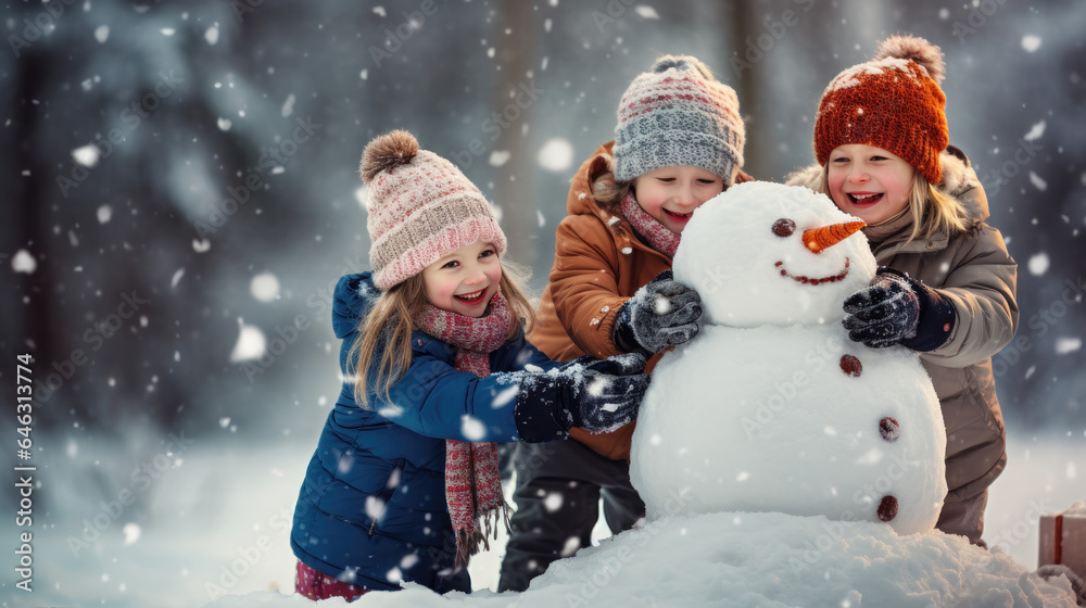 Children build snowman in falling snow - obrazy, fototapety, plakaty 