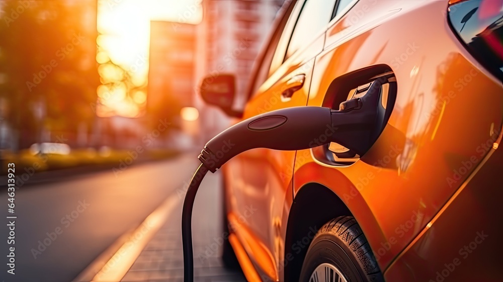 EV charging station for electric car in concept of green energy produced from sustainable source to supply to charger station in order to reduce CO2 emission