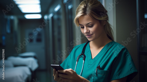 A nurse in green medical clothes with a stethoscope on her shoulder looks at her smartphone with a happy expression on her face, as if she just received good news