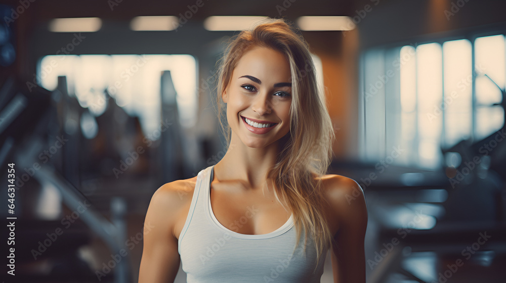 Happy woman blonde fitness trainer smiling and looking at the camera on the background of the gym. The concept of a healthy lifestyle and sports. mock up top white top sportswear Happy woman blonde fitness trainer smiling and looking at the camera on the background of the gym. The concept of a healthy lifestyle and sports. mock up top white top sportswear
