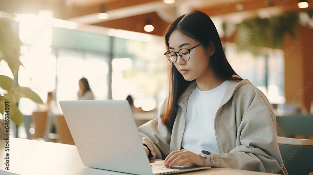 Portrait of a young Asian girl in a beige hoodie uses a laptop while sitting at a table in a cafe with copy space. Asian girl freelancer or student.looks into the camera and smiles. Portrait of a young Asian girl in a beige hoodie uses a laptop while sitting at a table in a cafe with copy space. Asian girl freelancer or student.looks into the camera and smiles.