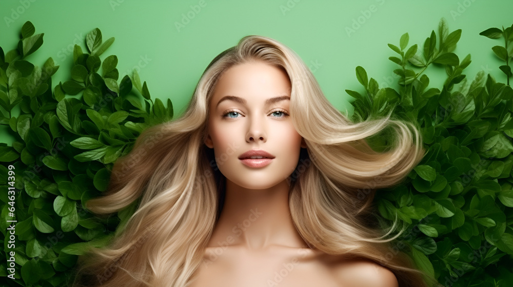 Fototapeta premium Beautiful blonde girl with long healthy hair fluttering in the wind looking at the camera against a background of green fresh leaves, with copy space. concept of natural cosmetics for hair and body.