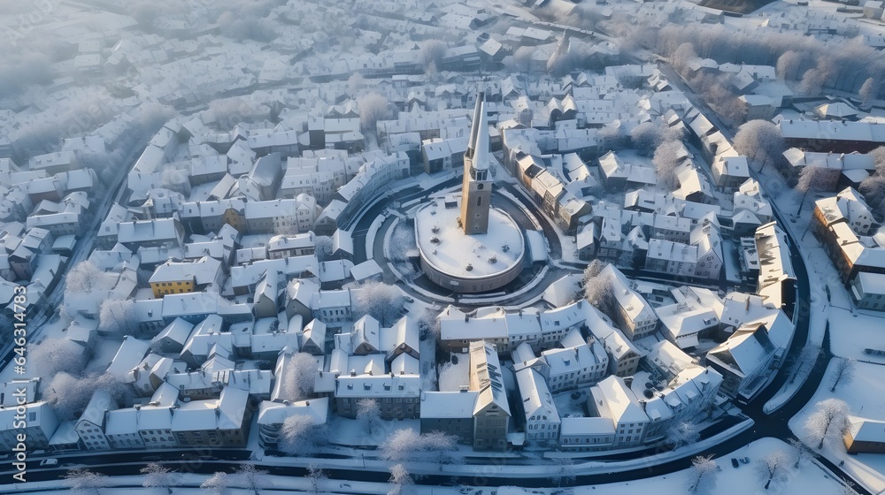 skyline in winter. Aerial Drone view on old town and town square.