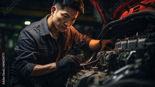 A snapshot of an Asian automotive technician meticulously inspecting a car's safety..