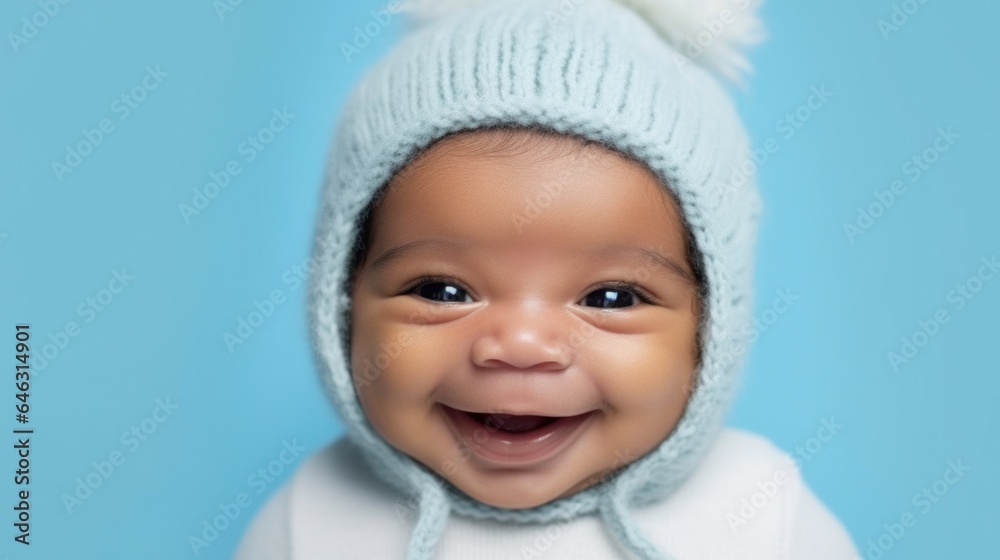 A heartwarming portrait of a newborn with a delightful afro, dressed in soft, neutral colors, set against a studio backdrop, grinning beautifully. Generative AI A heartwarming portrait of a newborn with a delightful afro, dressed in soft, neutral colors, set against a studio backdrop, grinning beautifully. Generative AI