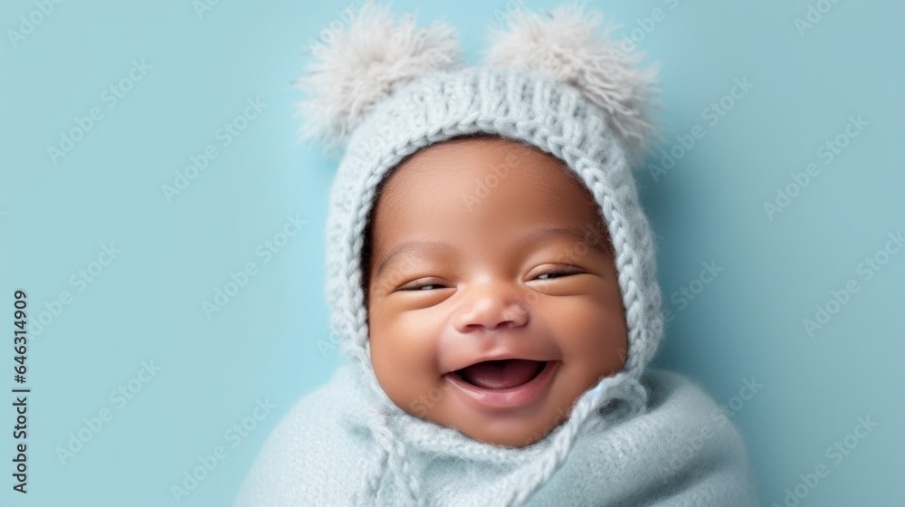A studio portrait of a smiling afro newborn in neutral clothing. Generative AI A studio portrait of a smiling afro newborn in neutral clothing. Generative AI