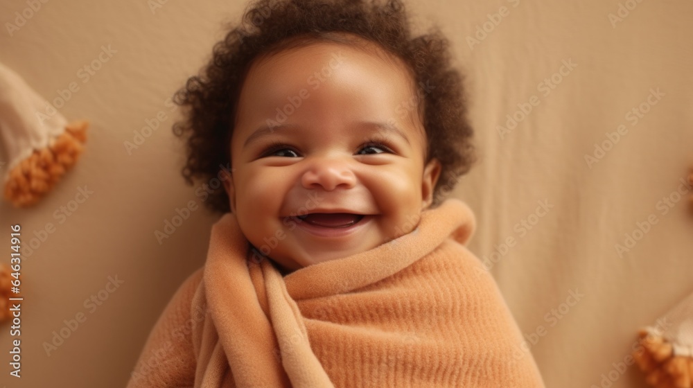 A heartwarming portrait of a newborn with a delightful afro, dressed in soft, neutral colors, set against a studio backdrop, grinning beautifully. Generative AI A heartwarming portrait of a newborn with a delightful afro, dressed in soft, neutral colors, set against a studio backdrop, grinning beautifully. Generative AI