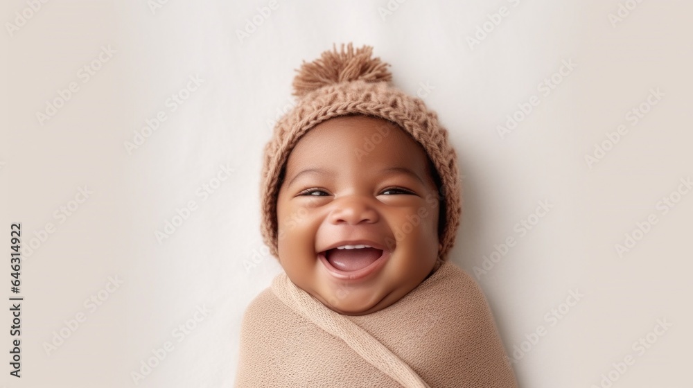 An adorable afro baby, dressed in soft hues, beaming with joy on a studio backdrop. Generative AI An adorable afro baby, dressed in soft hues, beaming with joy on a studio backdrop. Generative AI