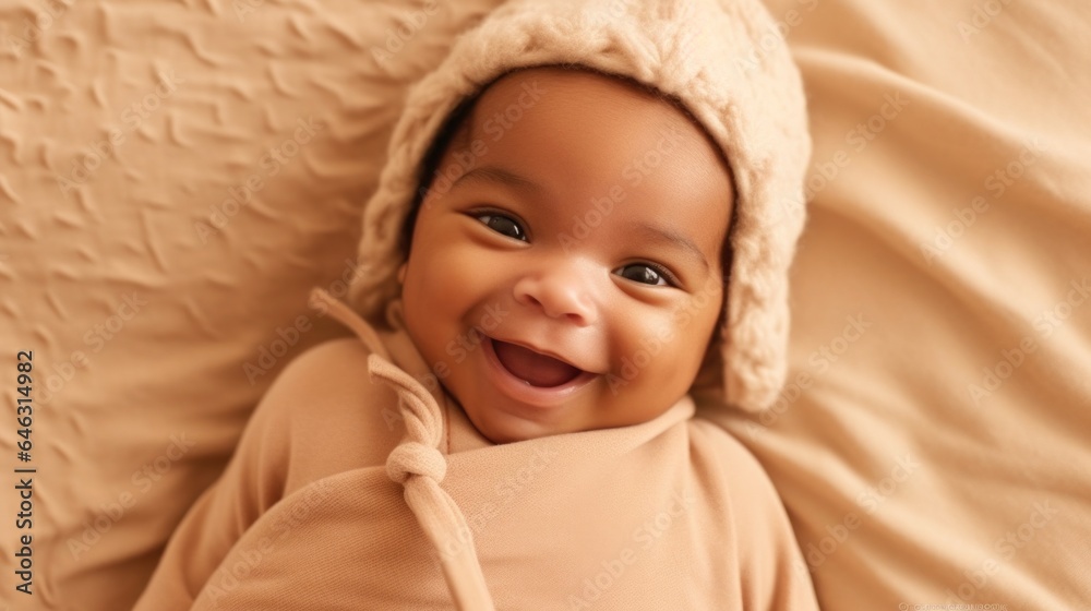 A heartwarming portrait of a newborn with a delightful afro, dressed in soft, neutral colors, set against a studio backdrop, grinning beautifully. Generative AI A heartwarming portrait of a newborn with a delightful afro, dressed in soft, neutral colors, set against a studio backdrop, grinning beautifully. Generative AI